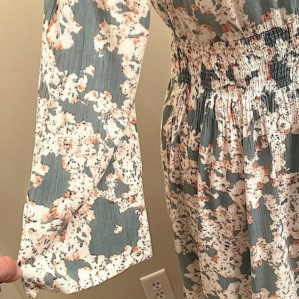 J Glee Floral Grey Teal Cream SZ S Cottagecore Boho Chic Romantic Peasant Dress - Picture 6 of 10